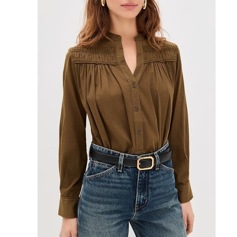 Nili Lotan Clarys Olive Green Cotton Voile Dot Trim Blouse Women's Small